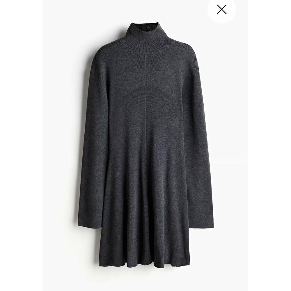 H&M Women’s S Gray Mock Neck Tight-Knit Pullover Sweater Dress Long Sleeve